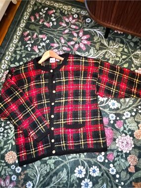 Vintage 90s Plaid TanJay Red and Black Plaid Cardigan made with Mohair Wool